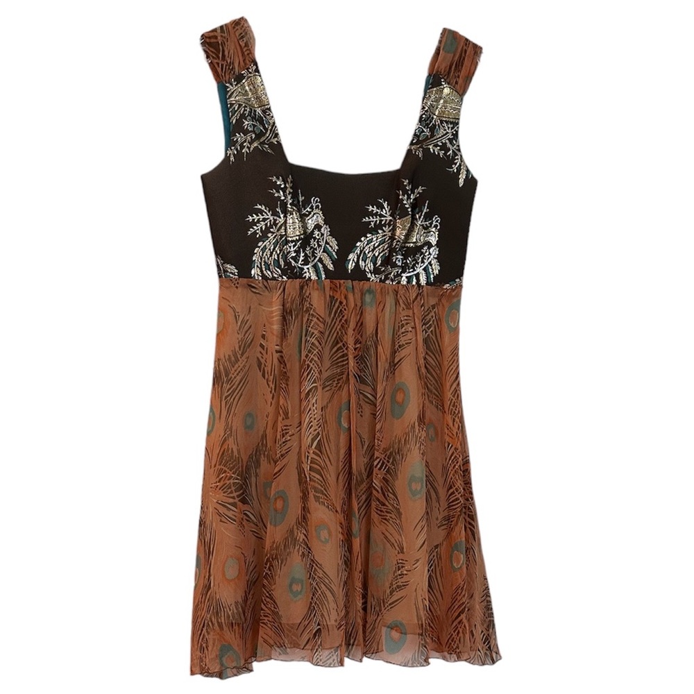 Tricia Fix Silk Boho Feather Print Sleeveless Mini Dress Size S